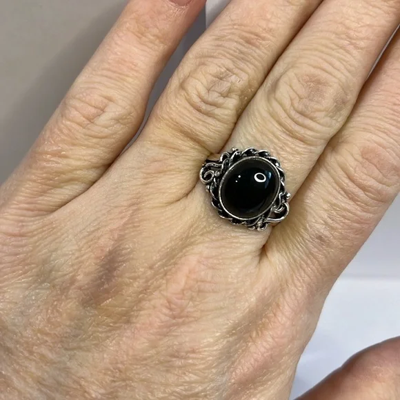 SILVER PLATED BLACK ONYX GEMSTONE RING SIZE 9.25 - Picture 5 of 7